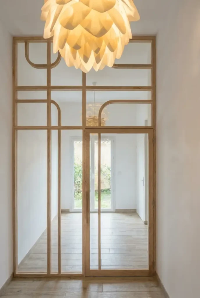 Verrière intérieure en bois clair avec porte vitrée et luminaire design en forme de fleur dans un couloir moderne.