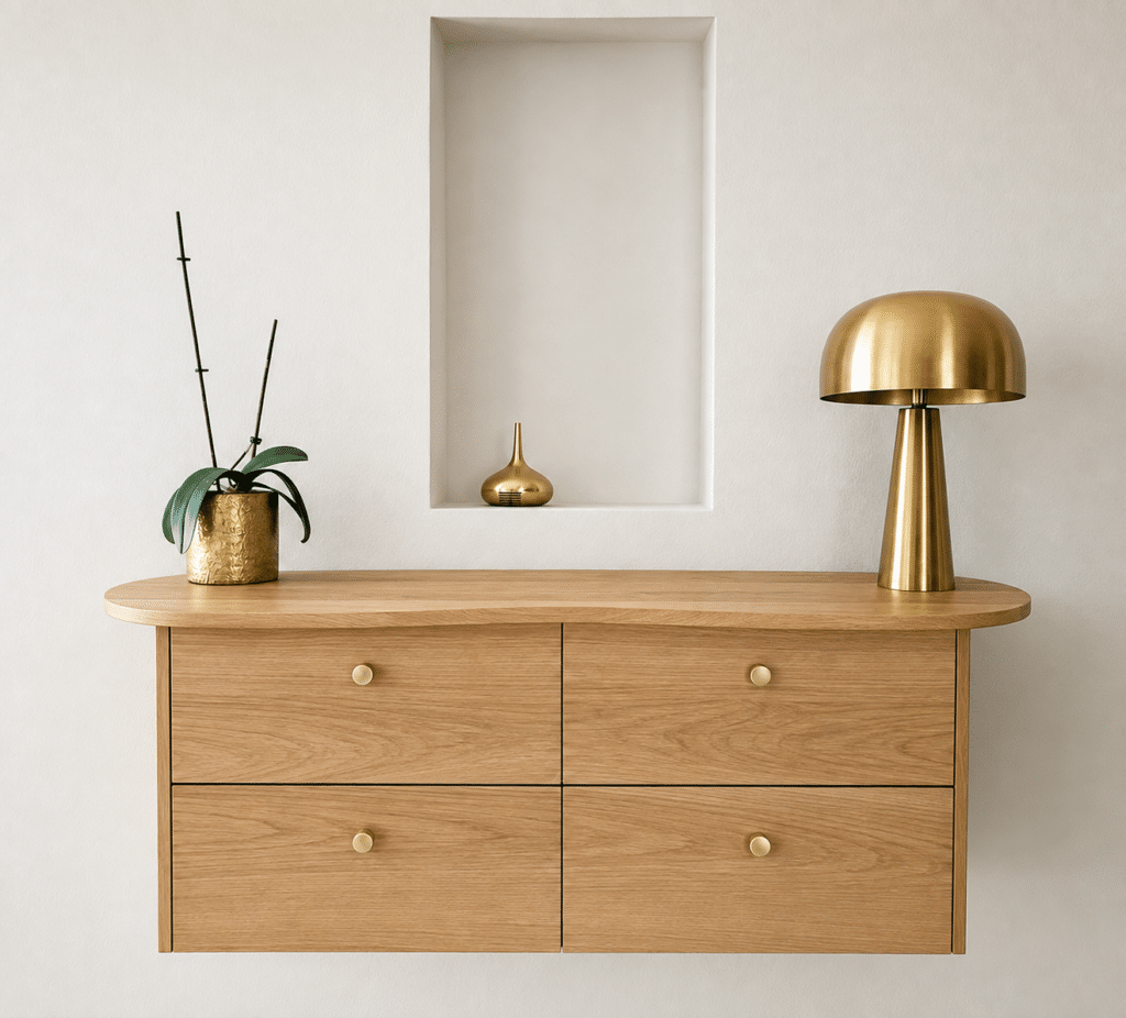 Commode suspendue en bois, lampe et pot dorés sur plateau, style minimaliste chic.