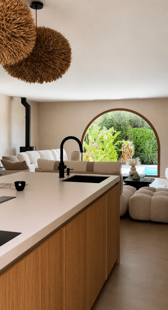 Cuisine moderne avec îlot en bois, robinet noir et grande fenêtre arquée ouvrant sur un jardin verdoyant.