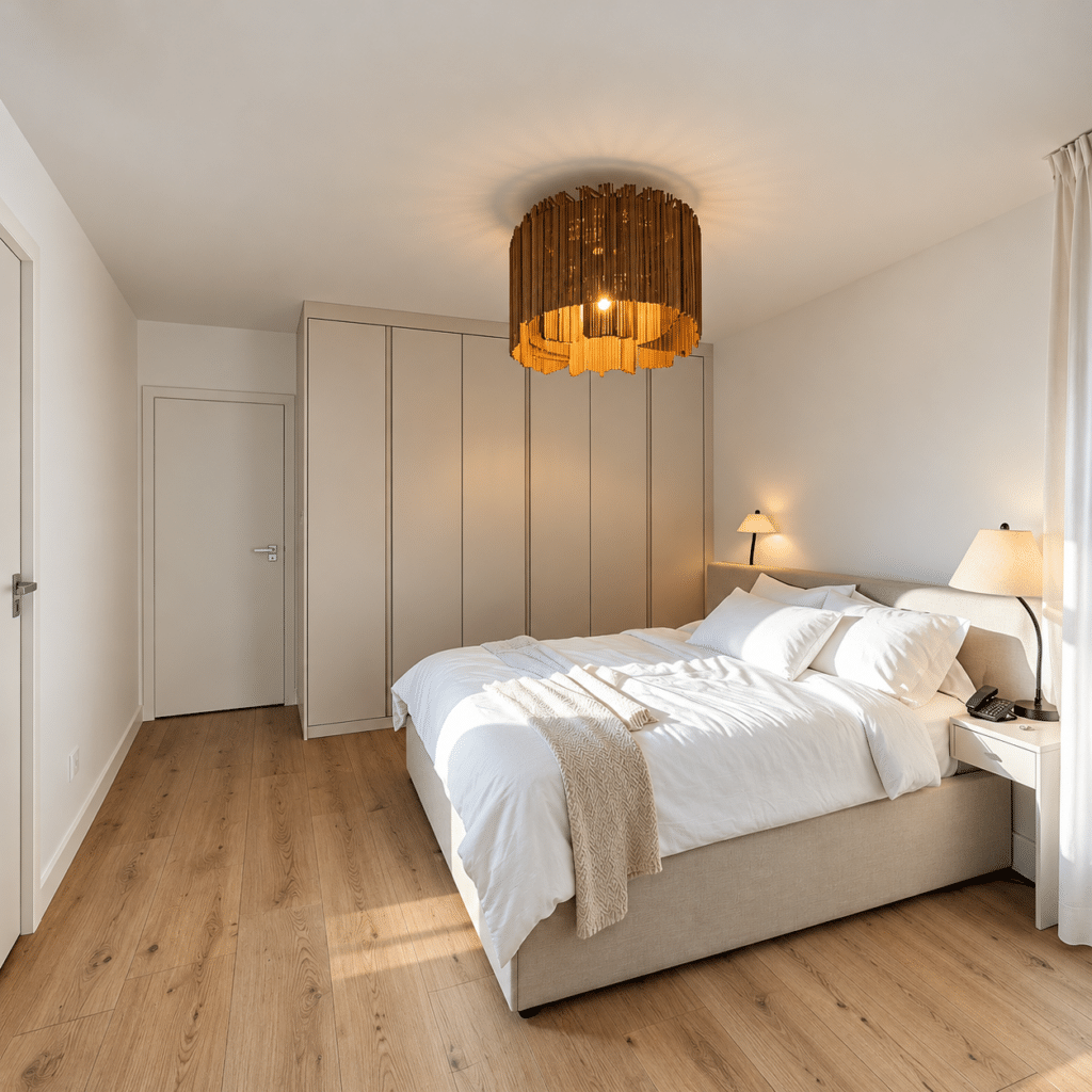 Chambre moderne lumineuse avec lit douillet, suspension en bois design, parquet clair et grands placards beiges.