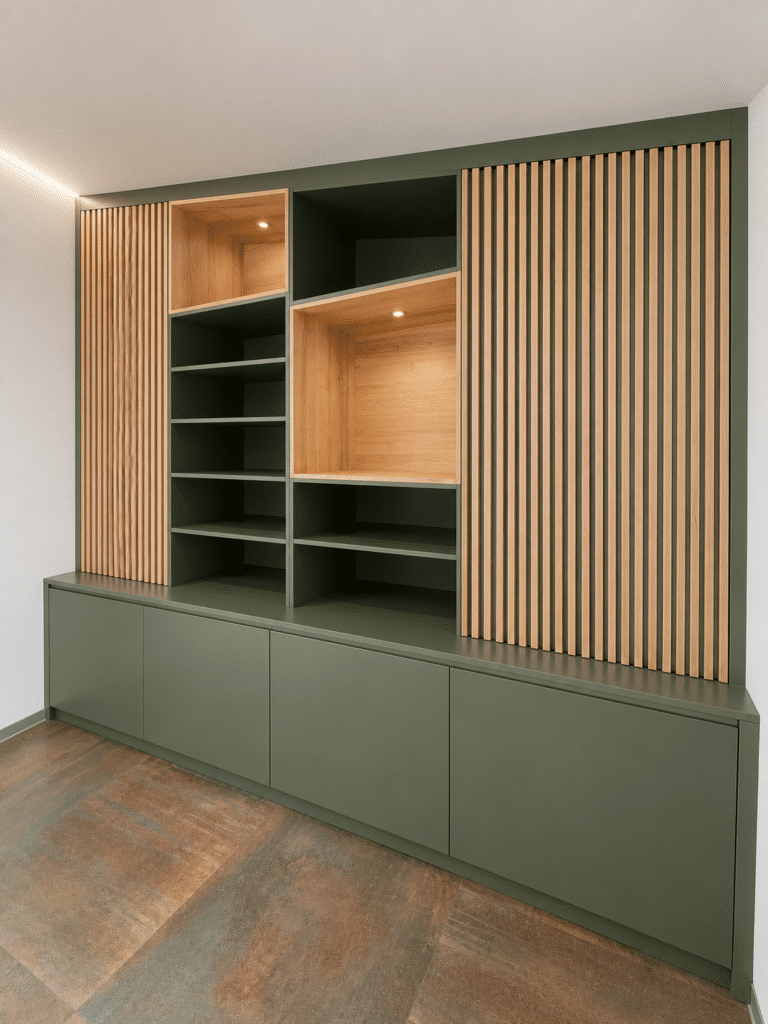 Bibliothèque sur mesure vert sauge et bois avec étagères, niches éclairées et panneaux à lattes verticales.