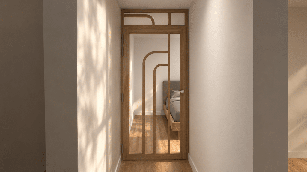Porte en bois vitrée au design géométrique courbe menant à une chambre lumineuse et minimaliste.