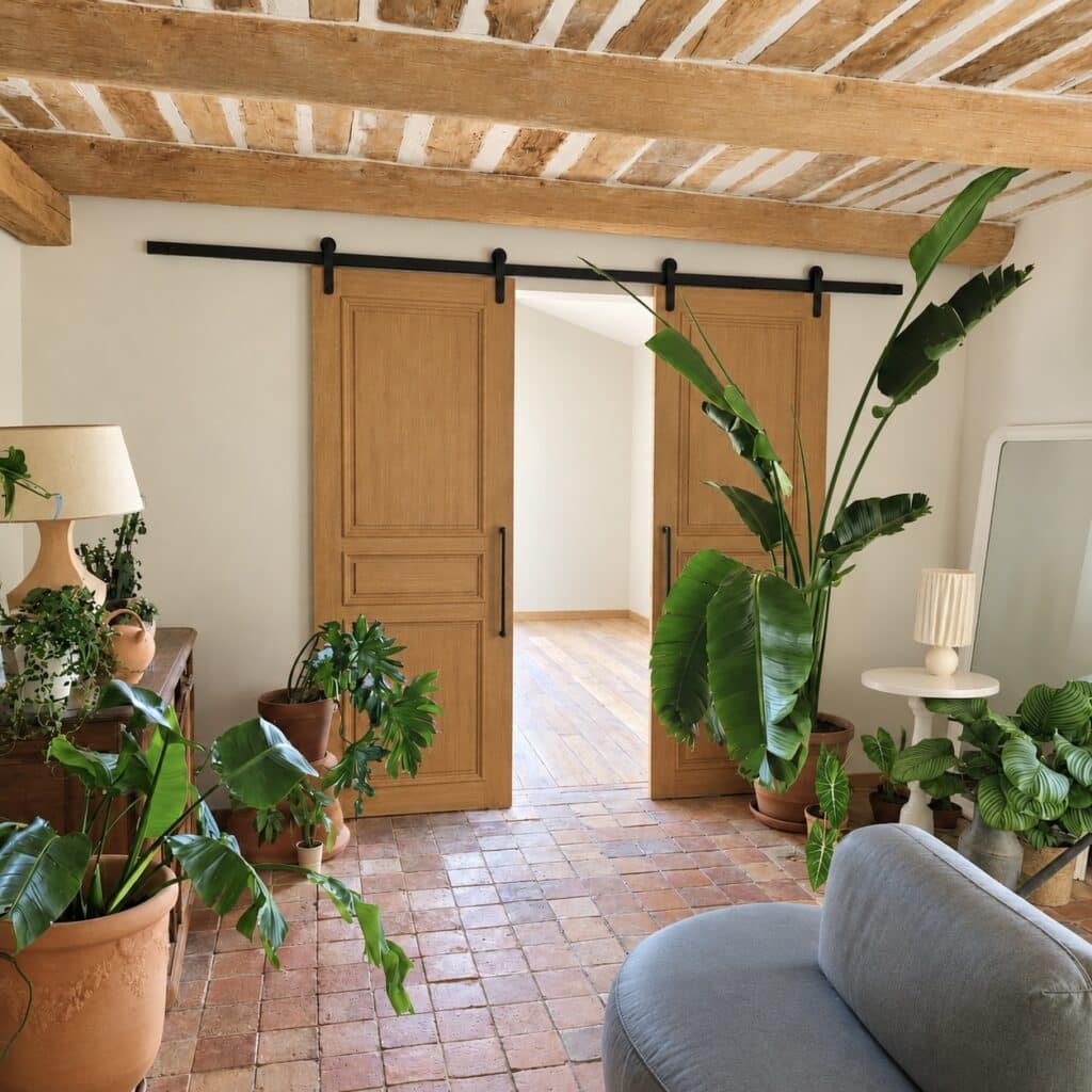Salon rustique avec poutres apparentes, portes coulissantes en bois, sol en terre cuite et nombreuses plantes vertes.