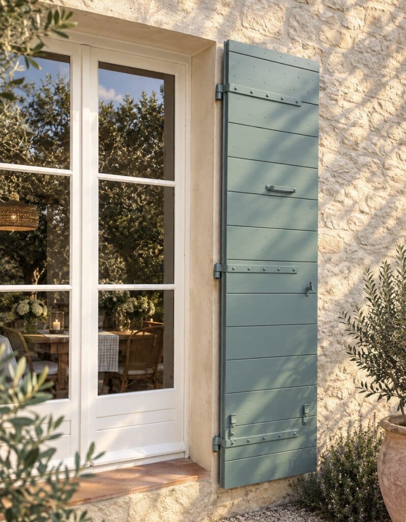 Volet en bois vert sauge sur façade en pierre près d'une porte-fenêtre blanche reflétant des oliviers.